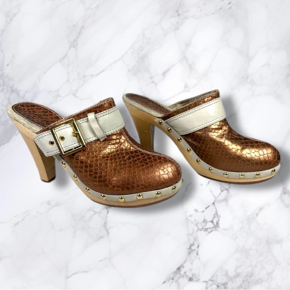 Colin Stuart Metallic Leather Scale Wooden Heel Mules